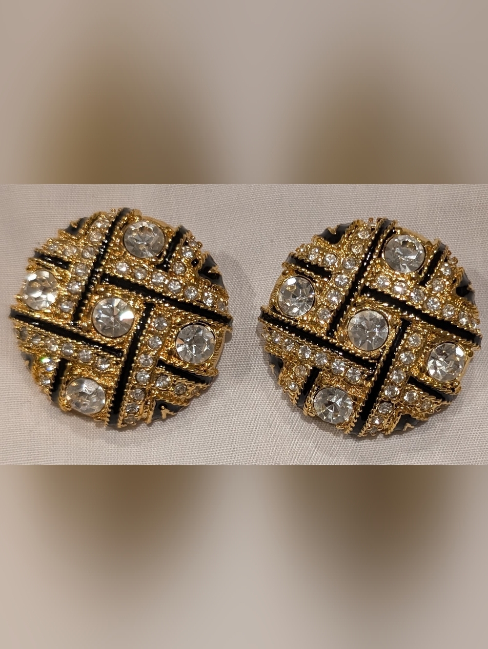 Gold and Black Crystal Button Earrings - Women Jewelry
